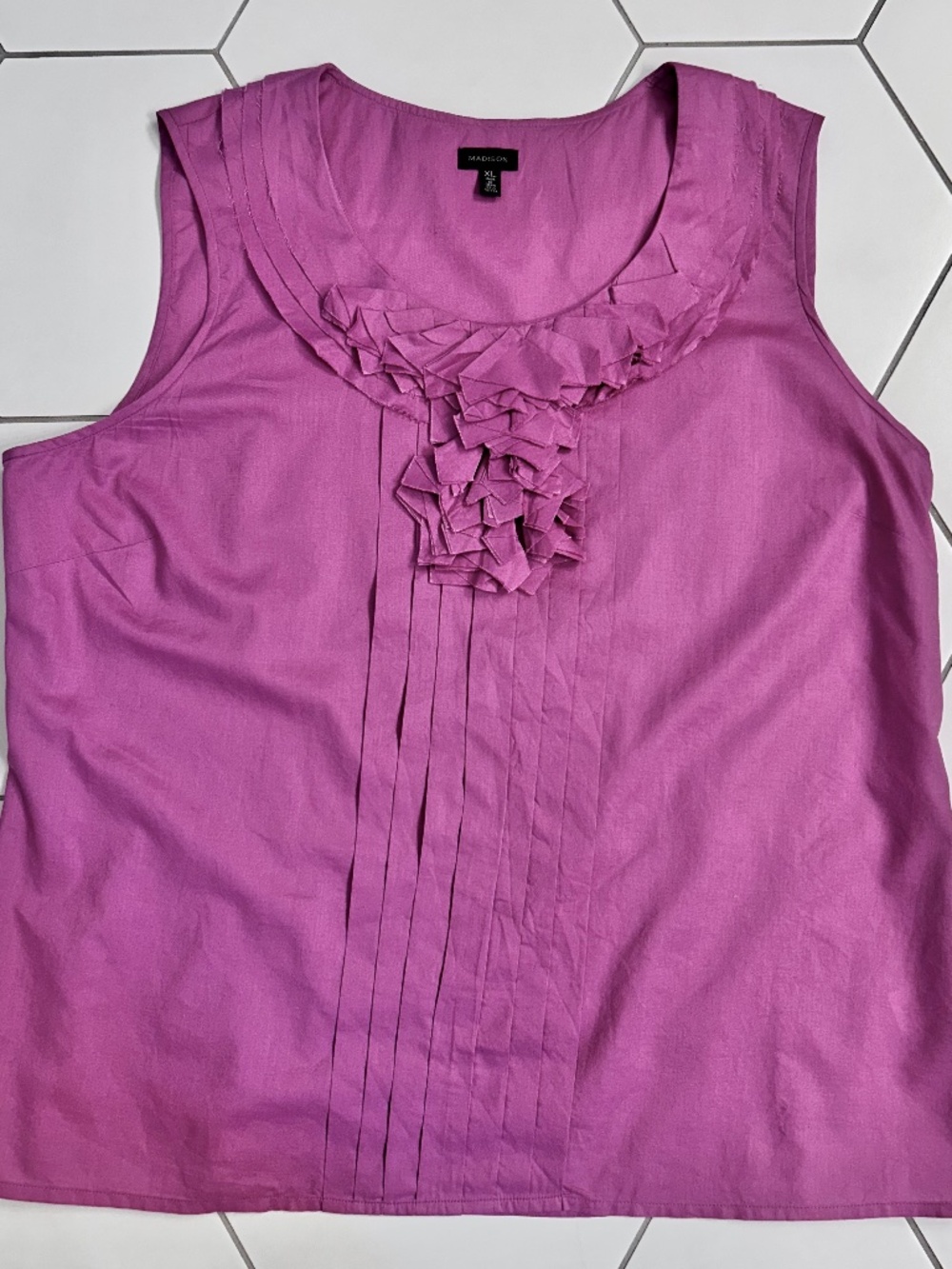 Madison Raspberry Sleeveless Ruffle Neck Blouse, Size XL